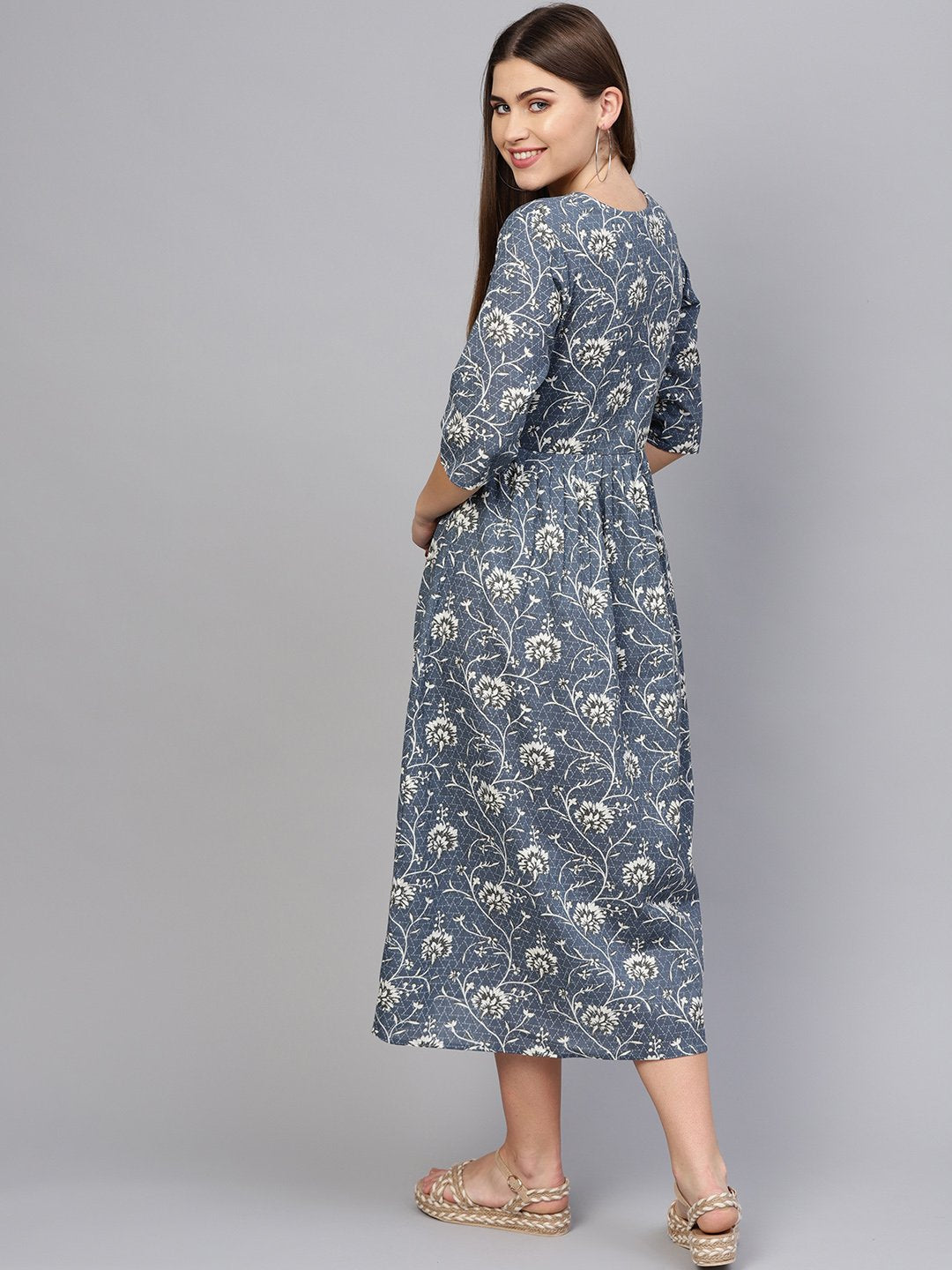 Women Navy Blue & Off-White Printed A-Line Dress | LASVINI - Redefining Indian Fashion with Elegance