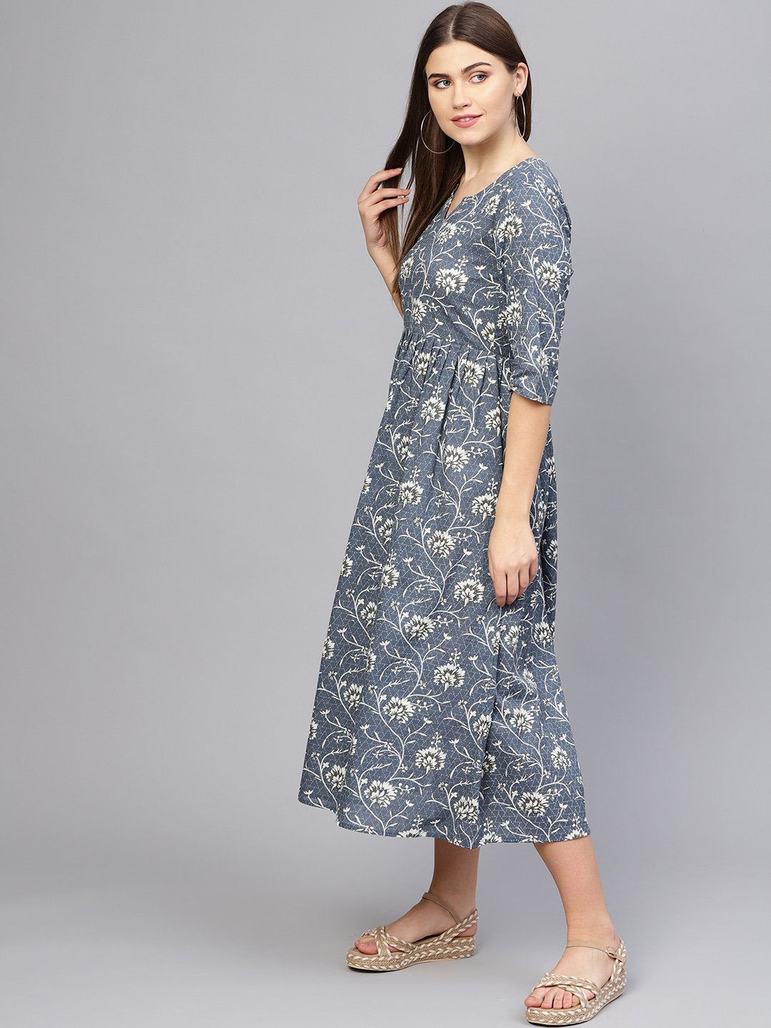 Women Navy Blue & Off-White Printed A-Line Dress | LASVINI - Redefining Indian Fashion with Elegance