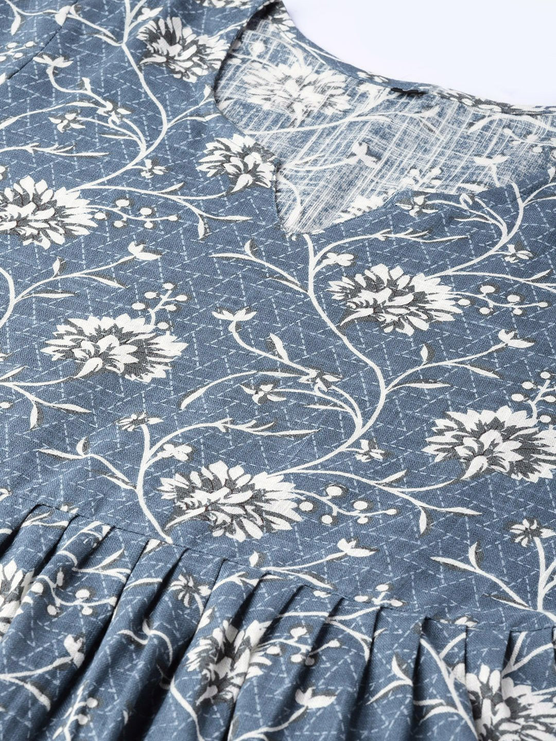 Women Navy Blue & Off-White Printed A-Line Dress | LASVINI - Redefining Indian Fashion with Elegance