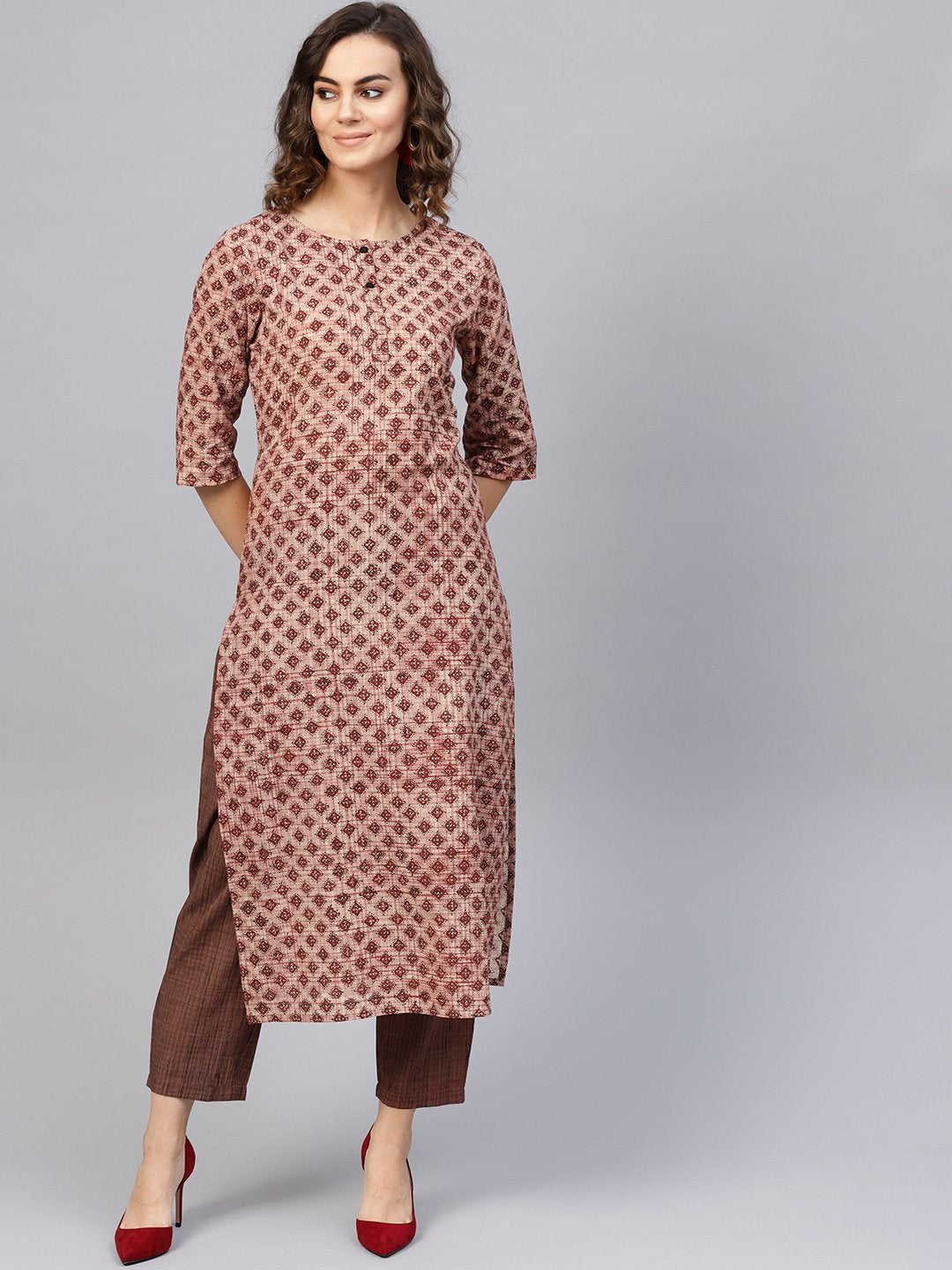 Women Beige & Brown Printed Kurta With Trousers | LASVINI - Redefining Indian Fashion with Elegance