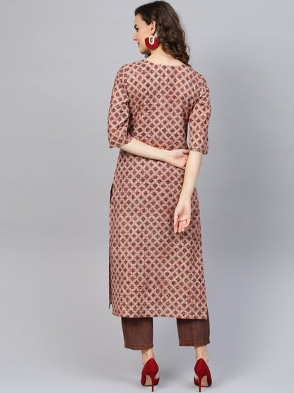 Women Beige & Brown Printed Kurta With Trousers | LASVINI - Redefining Indian Fashion with Elegance