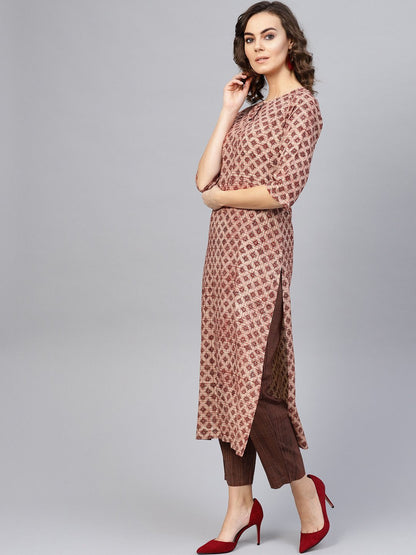 Women Beige & Brown Printed Kurta With Trousers | LASVINI - Redefining Indian Fashion with Elegance