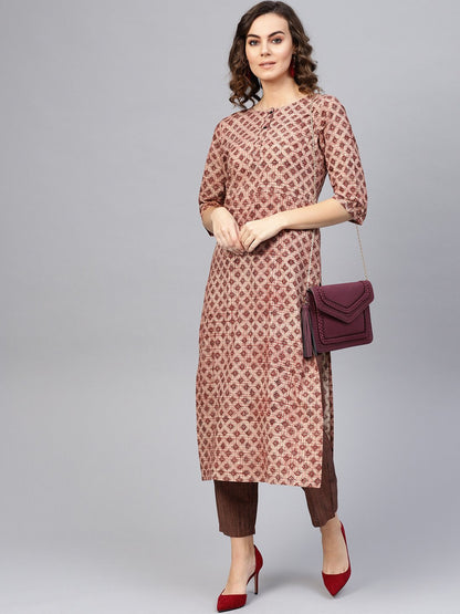 Women Beige & Brown Printed Kurta With Trousers | LASVINI - Redefining Indian Fashion with Elegance