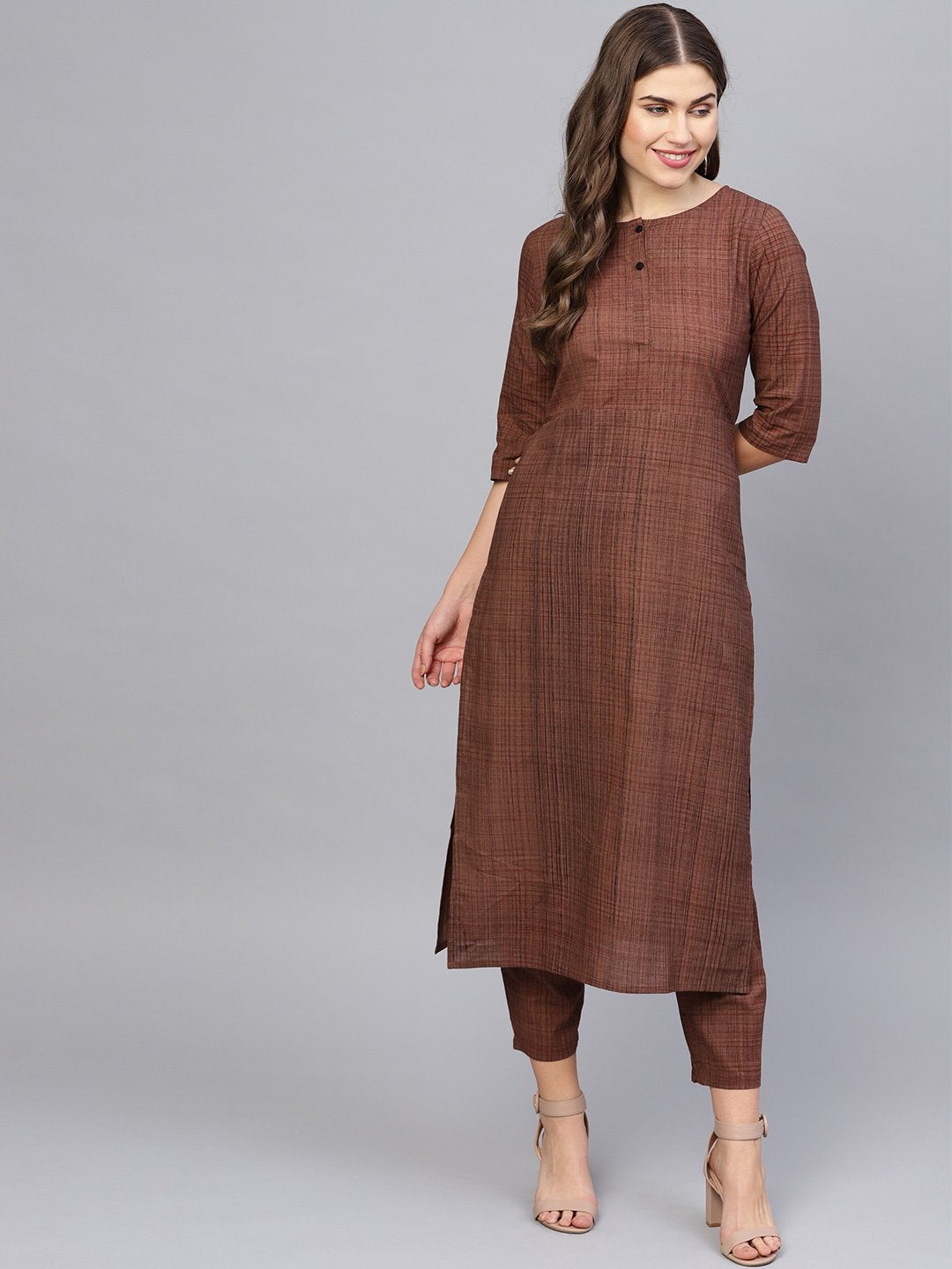 Women Brown Printed Kurta With Trousers | LASVINI - Redefining Indian Fashion with Elegance