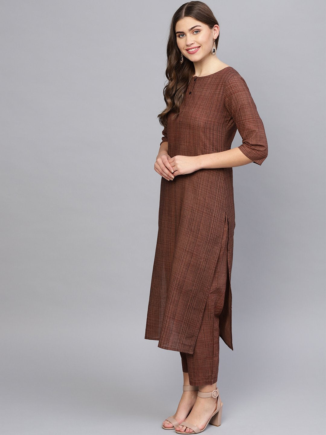 Women Brown Printed Kurta With Trousers | LASVINI - Redefining Indian Fashion with Elegance