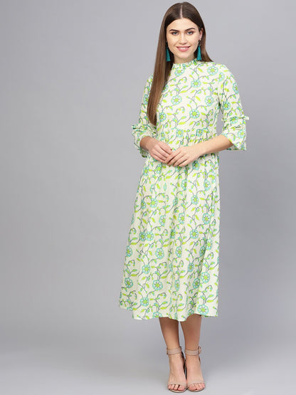 Women Cream-Coloured & Green Printed A-Line Dress | LASVINI - Redefining Indian Fashion with Elegance