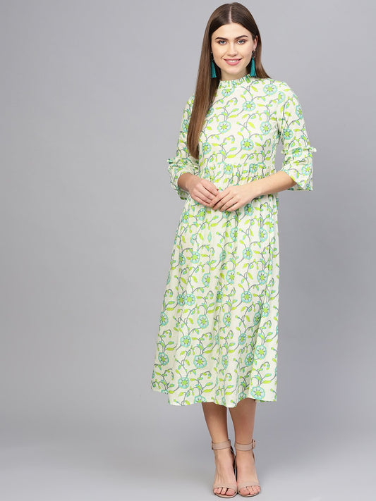 Women Cream-Coloured & Green Printed A-Line Dress | LASVINI - Redefining Indian Fashion with Elegance