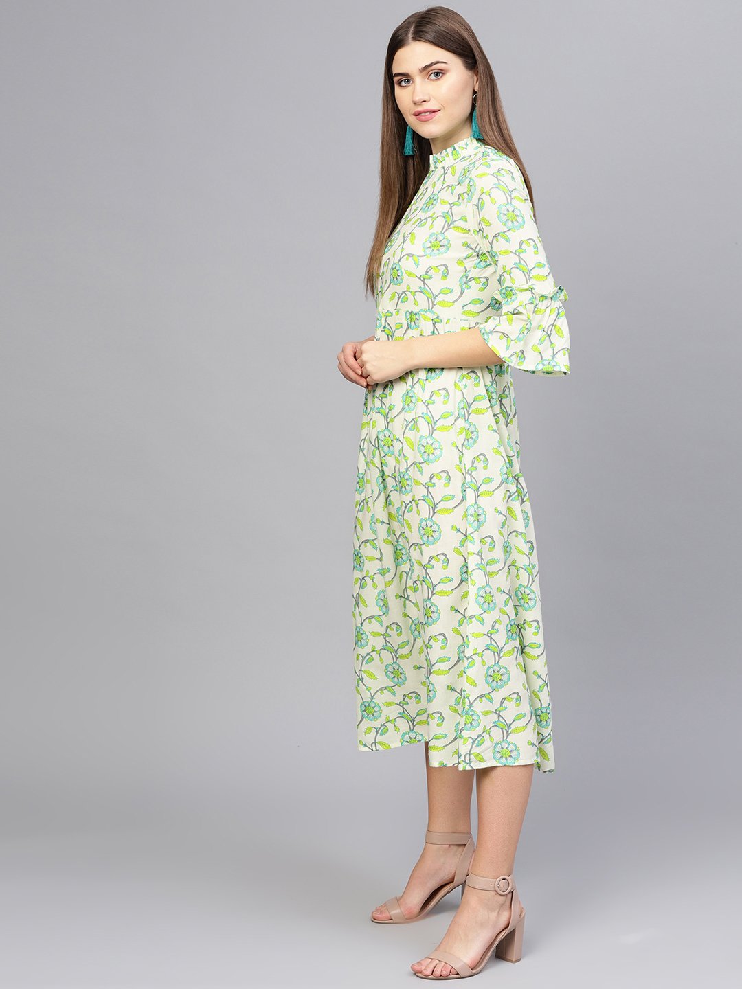 Women Cream-Coloured & Green Printed A-Line Dress | LASVINI - Redefining Indian Fashion with Elegance