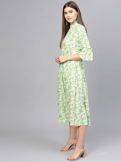 Women Cream-Coloured & Green Printed A-Line Dress | LASVINI - Redefining Indian Fashion with Elegance