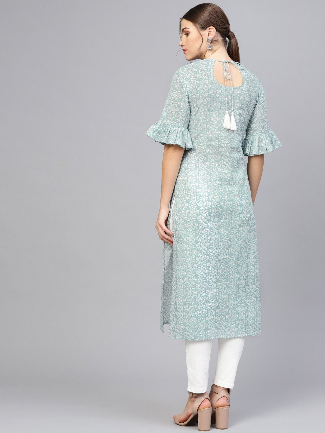 Women Grey & White Printed Straight Kurta | LASVINI - Redefining Indian Fashion with Elegance