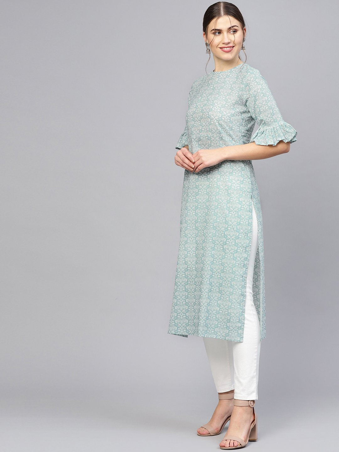Women Grey & White Printed Straight Kurta | LASVINI - Redefining Indian Fashion with Elegance