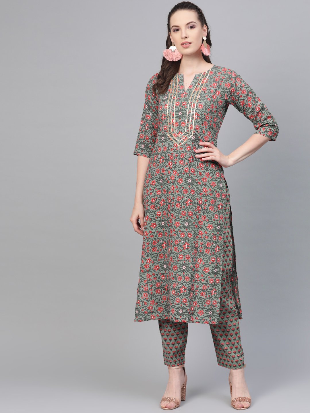 Sage Green With Multi Floral Printed Kurta Set With Gota Detailing | LASVINI - Redefining Indian Fashion with Elegance