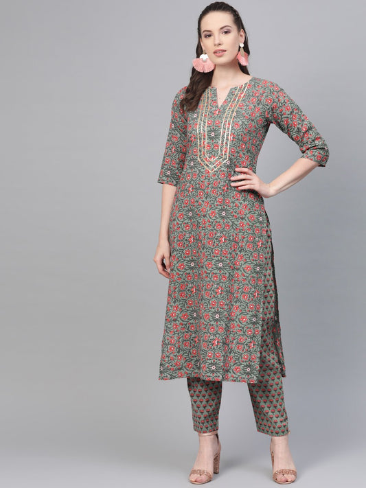 Sage Green With Multi Floral Printed Kurta Set With Gota Detailing | LASVINI - Redefining Indian Fashion with Elegance