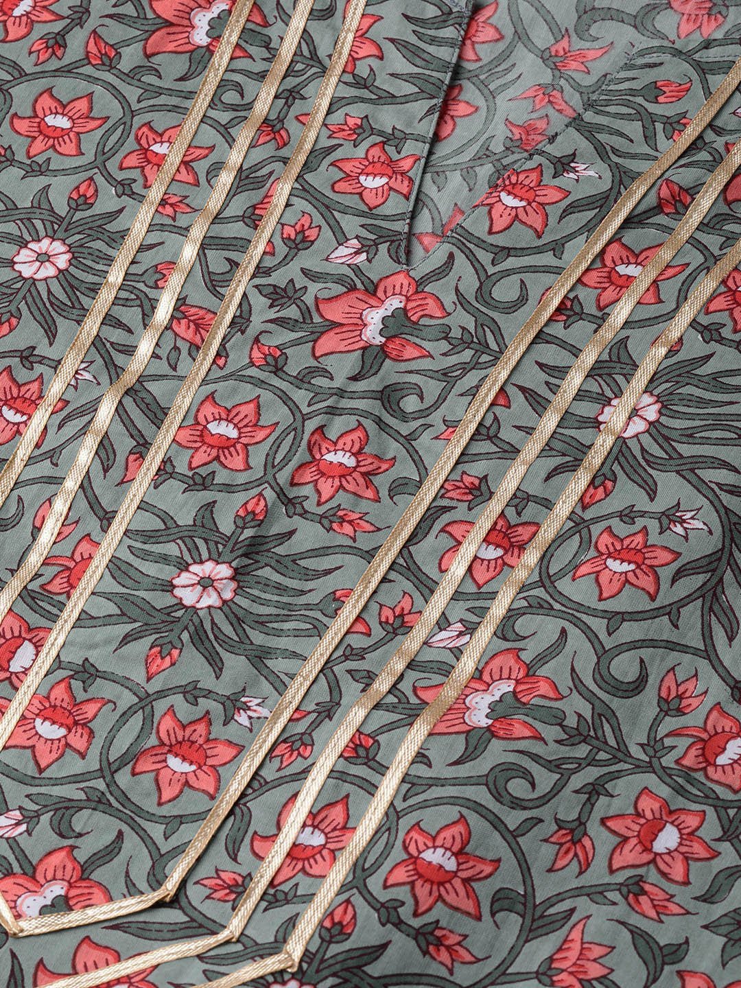 Sage Green With Multi Floral Printed Kurta Set With Gota Detailing | LASVINI - Redefining Indian Fashion with Elegance