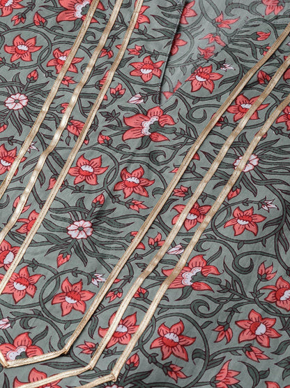 Sage Green With Multi Floral Printed Kurta Set With Gota Detailing | LASVINI - Redefining Indian Fashion with Elegance