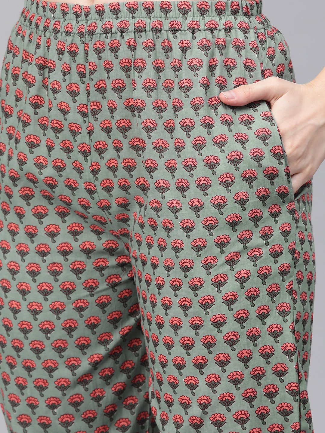 Sage Green With Multi Floral Printed Kurta Set With Gota Detailing | LASVINI - Redefining Indian Fashion with Elegance