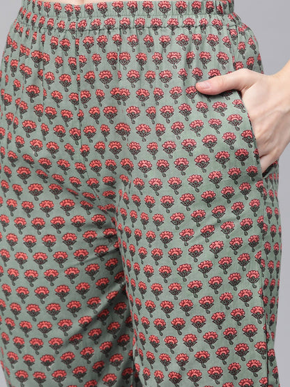 Sage Green With Multi Floral Printed Kurta Set With Gota Detailing | LASVINI - Redefining Indian Fashion with Elegance