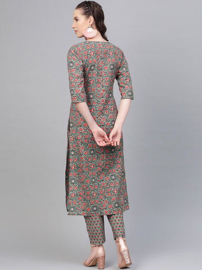 Sage Green With Multi Floral Printed Kurta Set With Gota Detailing | LASVINI - Redefining Indian Fashion with Elegance