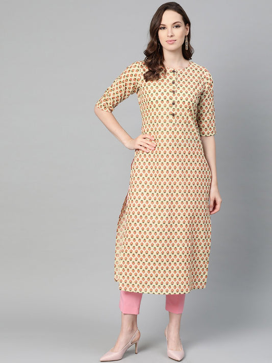 Beige With Multi Floral Printed Kurta With Buttons Detailing | LASVINI - Redefining Indian Fashion with Elegance