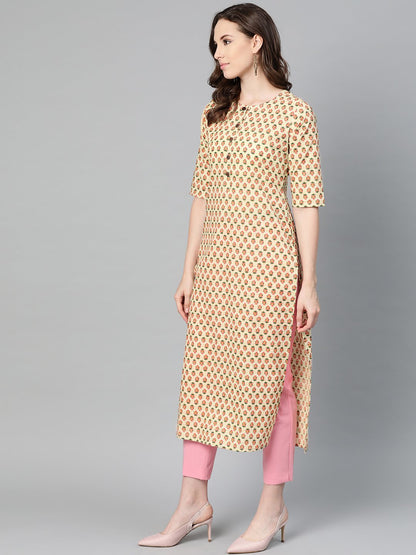 Beige With Multi Floral Printed Kurta With Buttons Detailing | LASVINI - Redefining Indian Fashion with Elegance