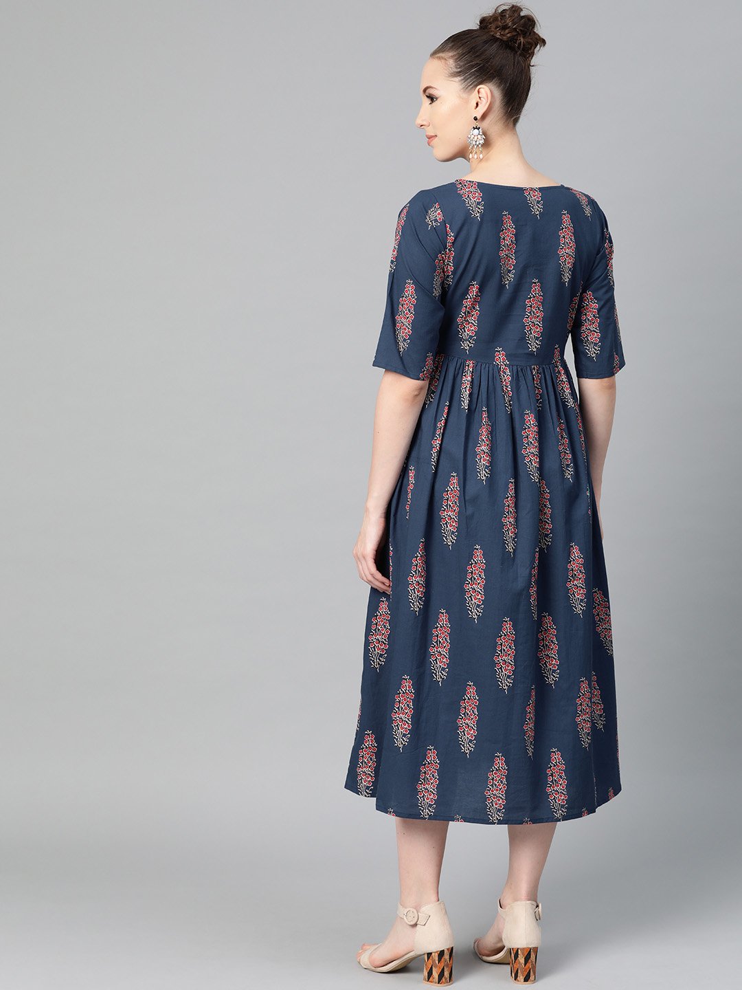 Cobalt Blue & Red Printed Floral Maxi Dress Round Neck & Half Sleeves | LASVINI - Redefining Indian Fashion with Elegance