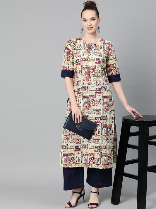 Beige With Multi Colored Abstract Print Kurta With Solid Navy Blue Pallazos | LASVINI - Redefining Indian Fashion with Elegance