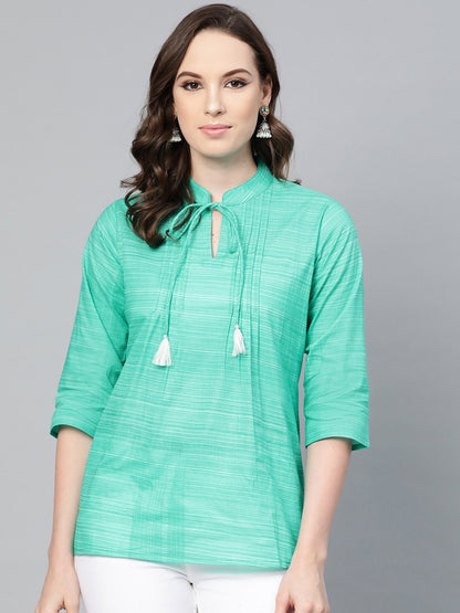 Solid Green Self Printed Top With Dori Work At Yoke | LASVINI - Redefining Indian Fashion with Elegance