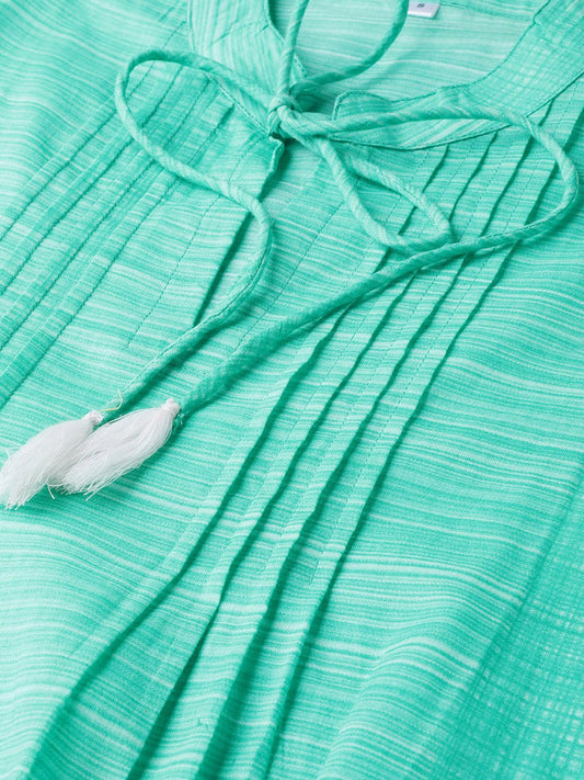 Solid Green Self Printed Top With Dori Work At Yoke | LASVINI - Redefining Indian Fashion with Elegance