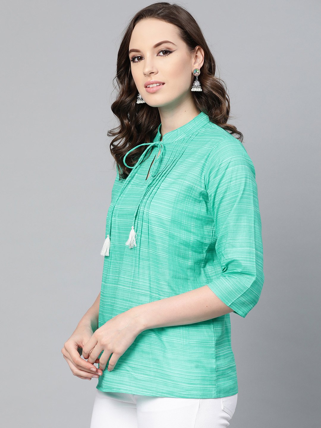 Solid Green Self Printed Top With Dori Work At Yoke | LASVINI - Redefining Indian Fashion with Elegance