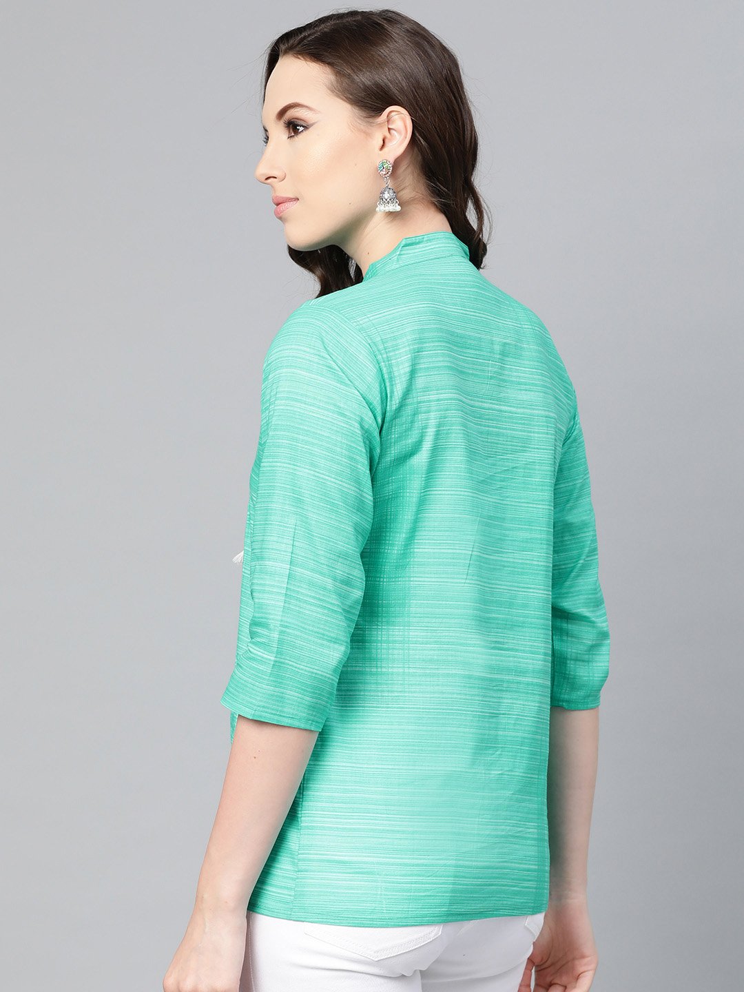 Solid Green Self Printed Top With Dori Work At Yoke | LASVINI - Redefining Indian Fashion with Elegance