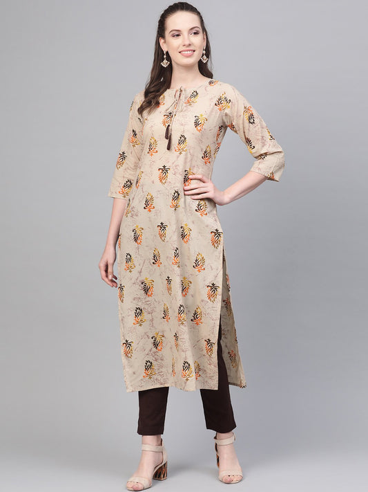 Beige With Multi Colored Floral Kurta With Solid Chocolate Brown Pants | LASVINI - Redefining Indian Fashion with Elegance