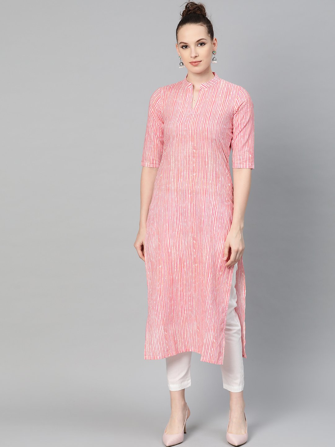 Pink & Off White Striped Printed Kurta With Solid White Pants | LASVINI - Redefining Indian Fashion with Elegance