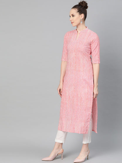 Pink & Off White Striped Printed Kurta With Solid White Pants | LASVINI - Redefining Indian Fashion with Elegance