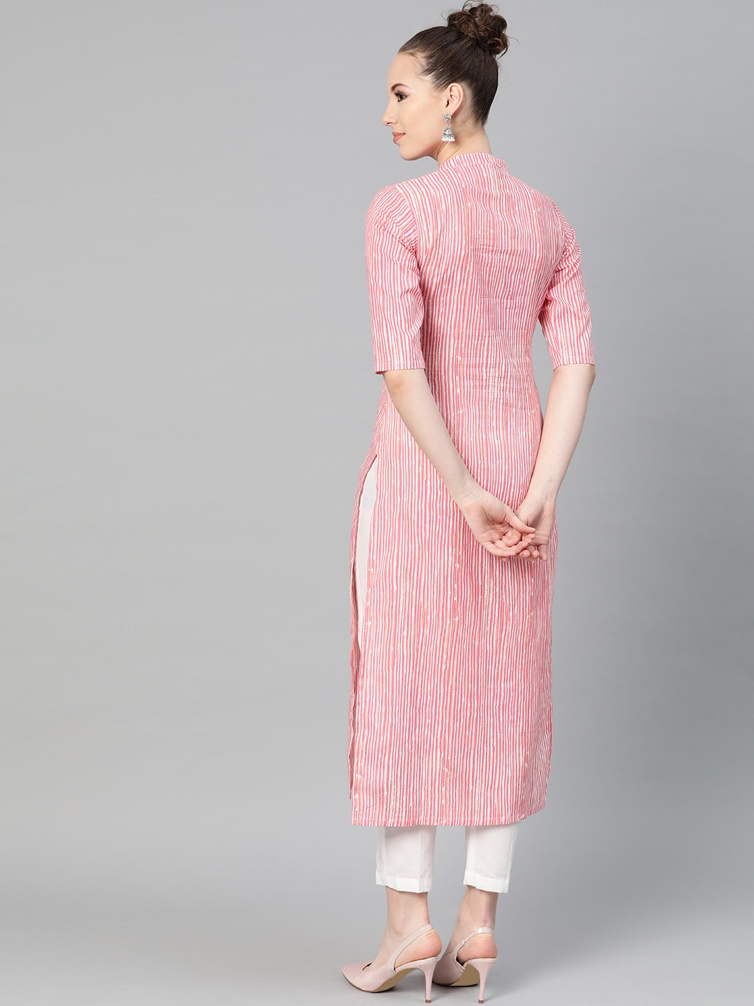 Pink & Off White Striped Printed Kurta With Solid White Pants | LASVINI - Redefining Indian Fashion with Elegance