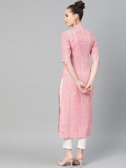 Pink & Off White Striped Printed Kurta With Solid White Pants | LASVINI - Redefining Indian Fashion with Elegance
