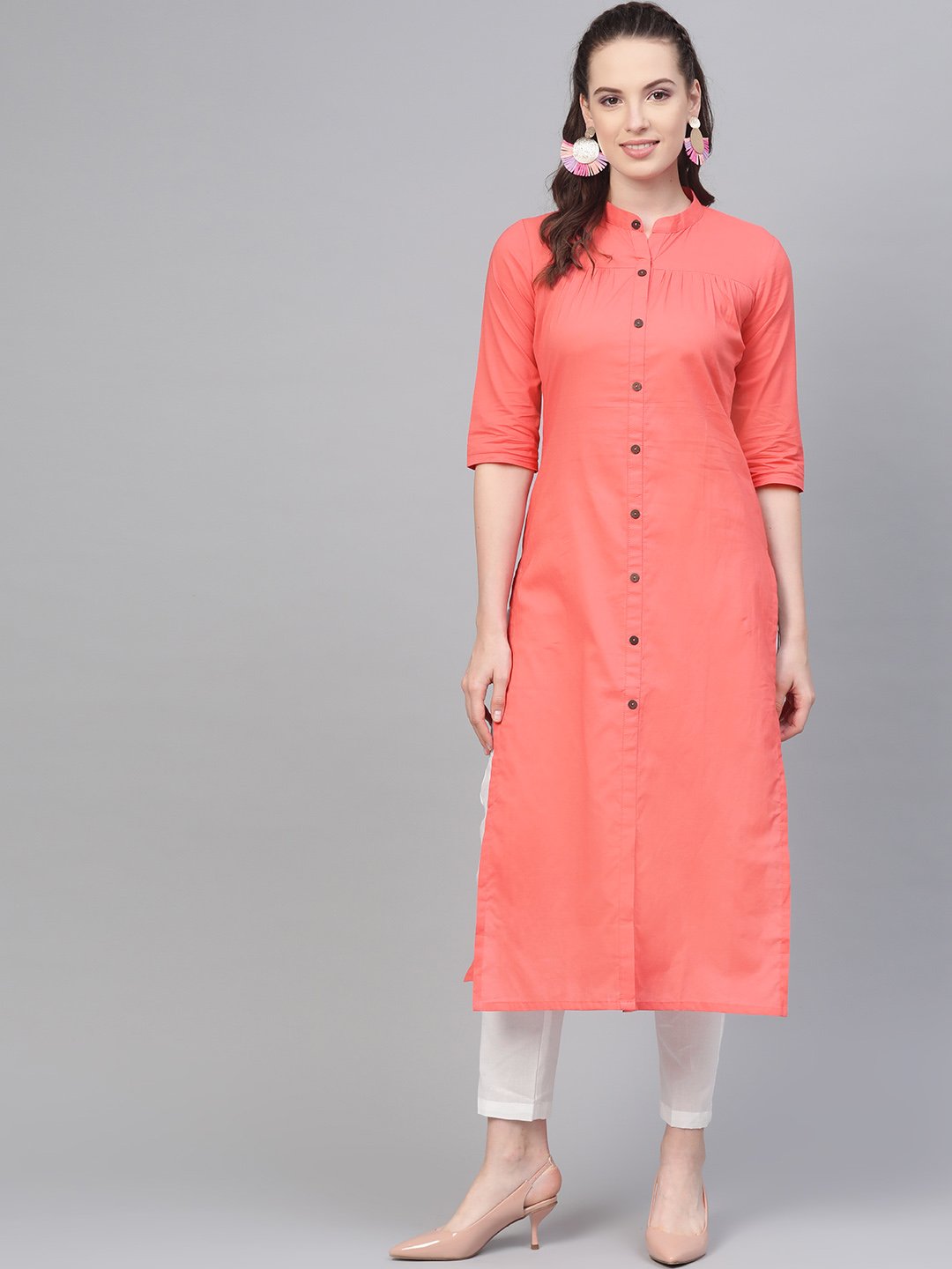 Solid Peach Kurta With Gathered Detailing With Solid White Pants | LASVINI - Redefining Indian Fashion with Elegance