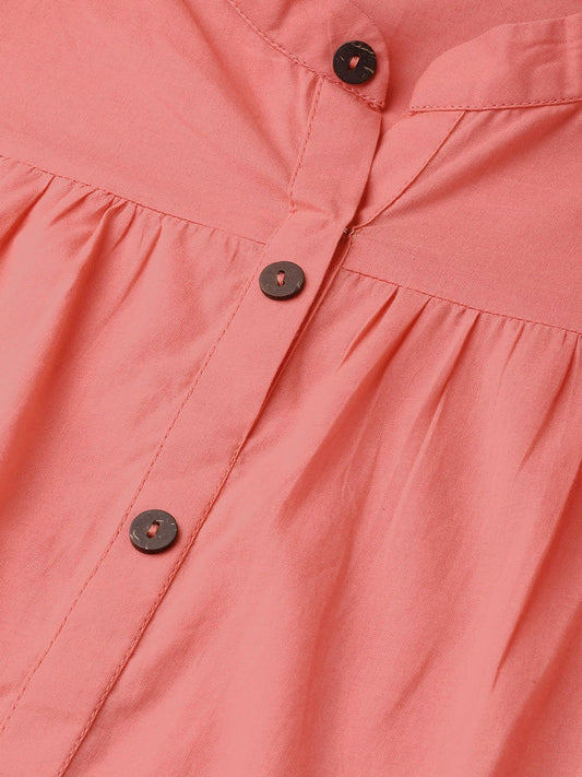 Solid Peach Kurta With Gathered Detailing With Solid White Pants | LASVINI - Redefining Indian Fashion with Elegance