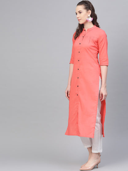 Solid Peach Kurta With Gathered Detailing With Solid White Pants | LASVINI - Redefining Indian Fashion with Elegance