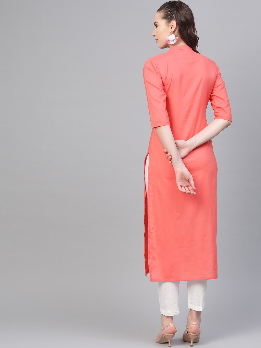 Solid Peach Kurta With Gathered Detailing With Solid White Pants | LASVINI - Redefining Indian Fashion with Elegance