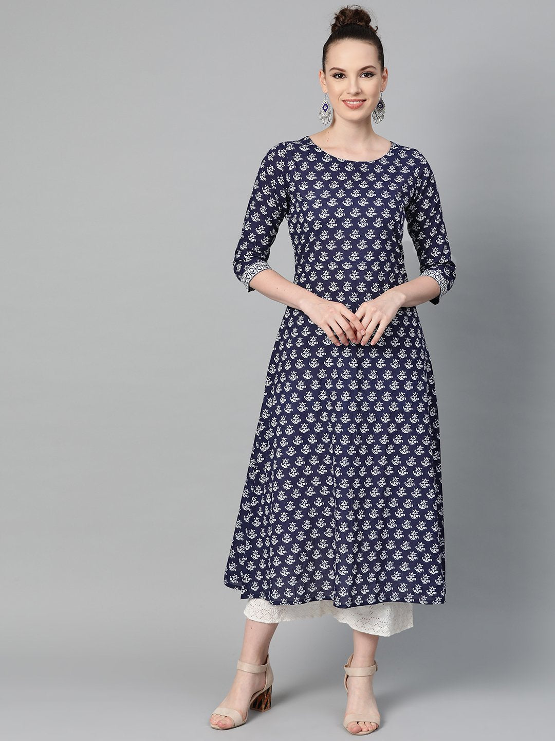 Navy Blue & White Floral Printed A-Line Cotton Kurta | LASVINI - Redefining Indian Fashion with Elegance