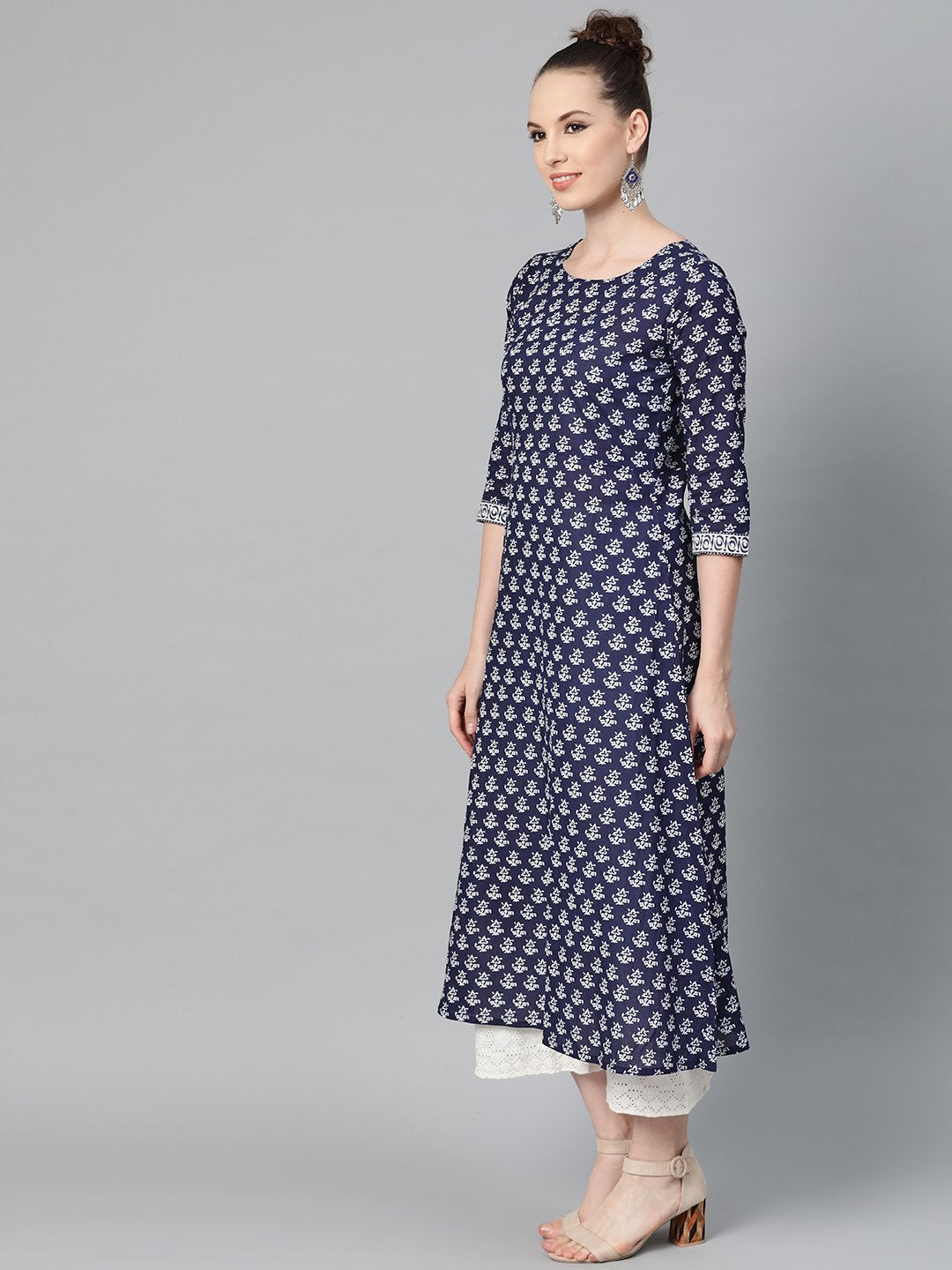 Navy Blue & White Floral Printed A-Line Cotton Kurta | LASVINI - Redefining Indian Fashion with Elegance