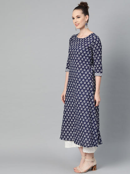Navy Blue & White Floral Printed A-Line Cotton Kurta | LASVINI - Redefining Indian Fashion with Elegance