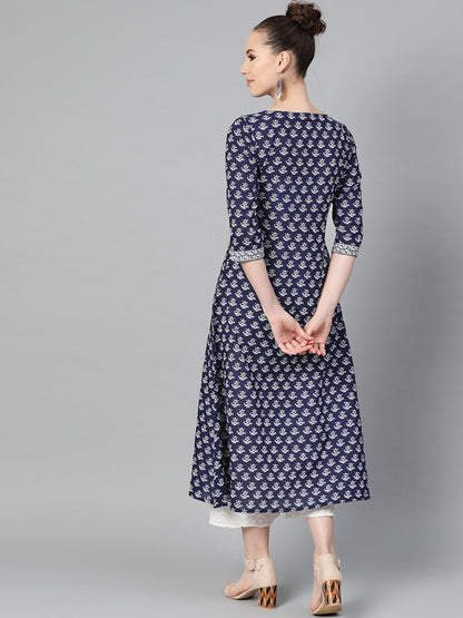 Navy Blue & White Floral Printed A-Line Cotton Kurta | LASVINI - Redefining Indian Fashion with Elegance