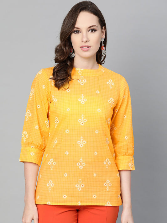 Yellow Floral & Checks Printed A-Line Top | LASVINI - Redefining Indian Fashion with Elegance