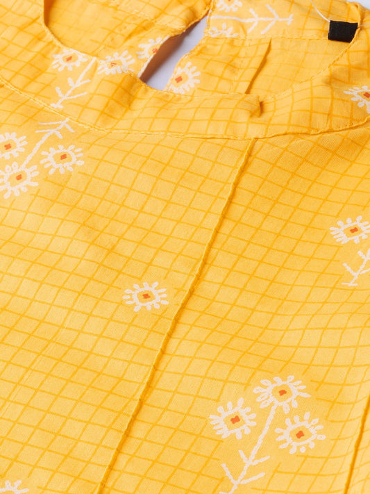 Yellow Floral & Checks Printed A-Line Top | LASVINI - Redefining Indian Fashion with Elegance