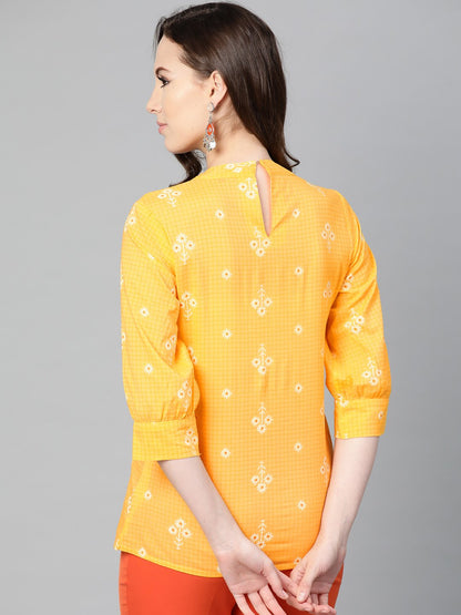 Yellow Floral & Checks Printed A-Line Top | LASVINI - Redefining Indian Fashion with Elegance