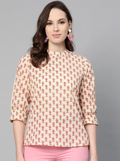 Cream And Pink Floral Printed A-Line Top | LASVINI - Redefining Indian Fashion with Elegance