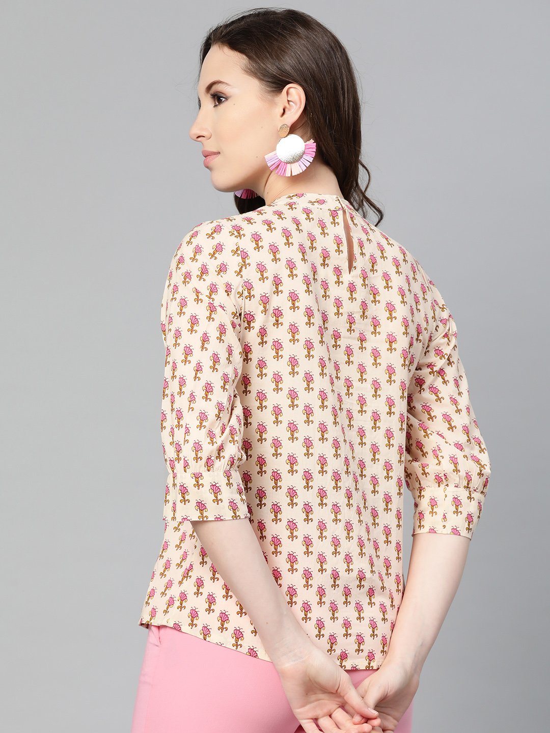 Cream And Pink Floral Printed A-Line Top | LASVINI - Redefining Indian Fashion with Elegance