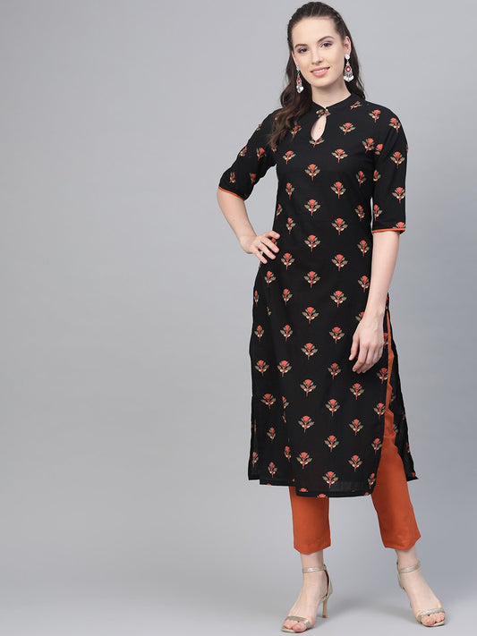 Black & Rust Orange Multi Floral Printed Kurta & Solid Pants | LASVINI - Redefining Indian Fashion with Elegance