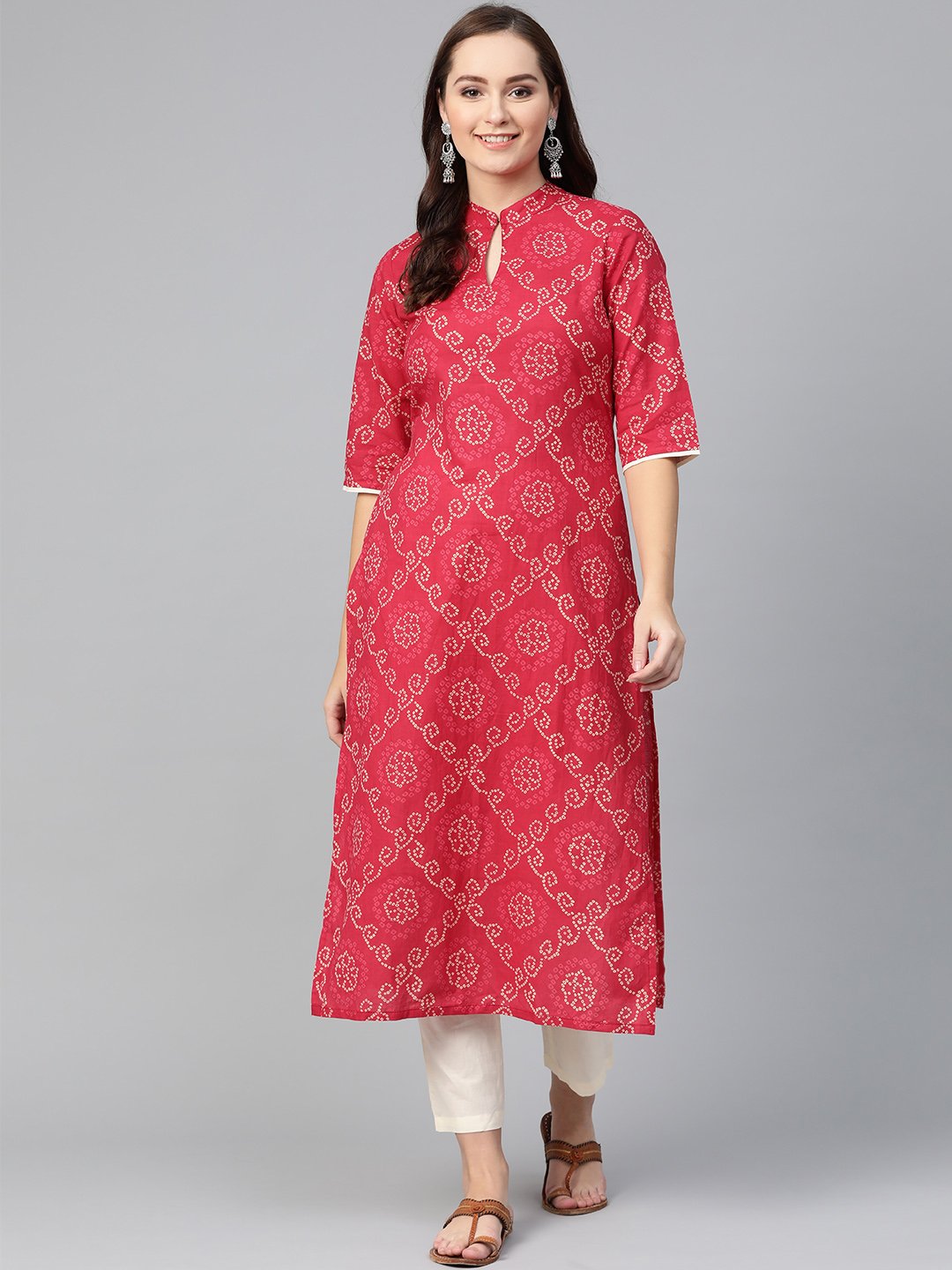 Red Bandhani Printed Kurta With Solid Cream Pants | LASVINI - Redefining Indian Fashion with Elegance